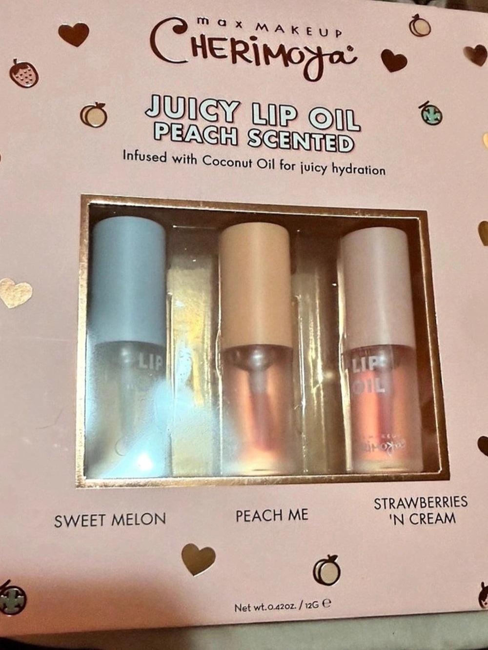 max makeup Cherimoja Juicy Lip Oil Peach Scented 3-Piece Lip Oil Set NWT